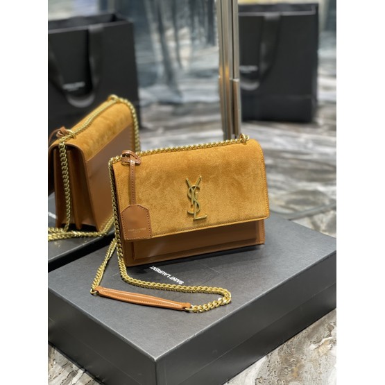YSL Sunset Small 22cm Brown Velvet Bag
