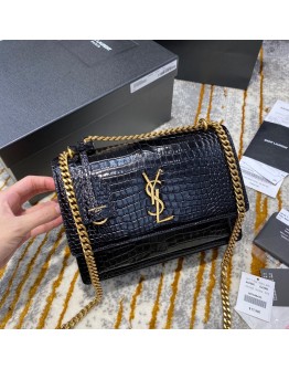 YSL Sunset Small 22cm Croc Black Bag
