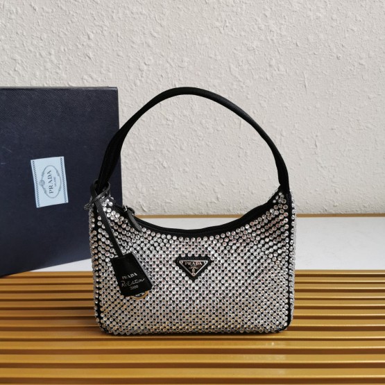 Prada Re-edition 2000 Crystal Hobo Bag black