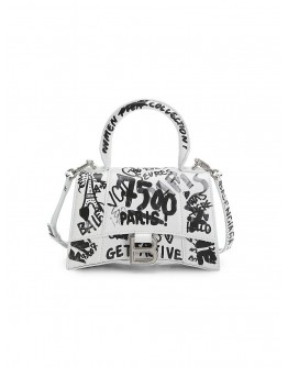 Balenciaga Hourglass Graffiti-Print Leather Top Handle Bag 661467 Black White