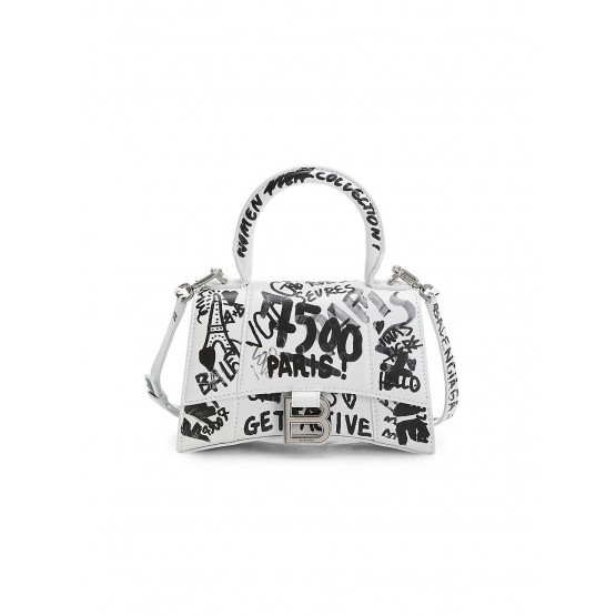 Balenciaga Hourglass Graffiti-Print Leather Top Handle Bag 661467 Black White