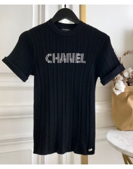 C-C Women's Embroidered Knitted T-shirt Black