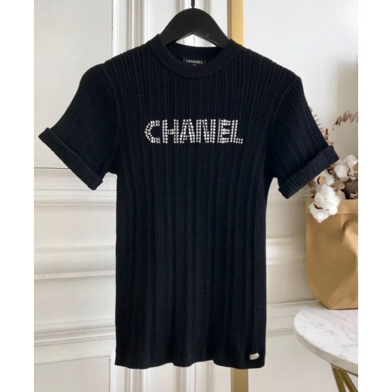 C-C Women's Embroidered Knitted T-shirt Black