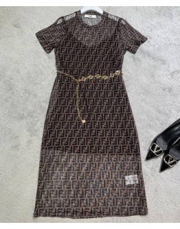 Fendi Women's Logo Print Dress Coffee