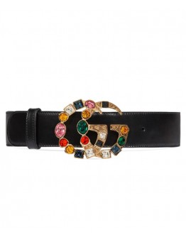Gucci Leather belt with crystal Double G buckle 513183 Black