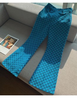 Gucci Women's Multicolor Logo Print Trousers Light Blue