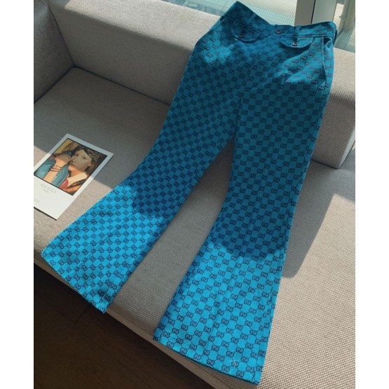 Gucci Women's Multicolor Logo Print Trousers Light Blue