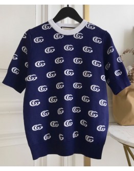 Gucci Women's Logo Jacquard Knitted T-shirt Dark Blue