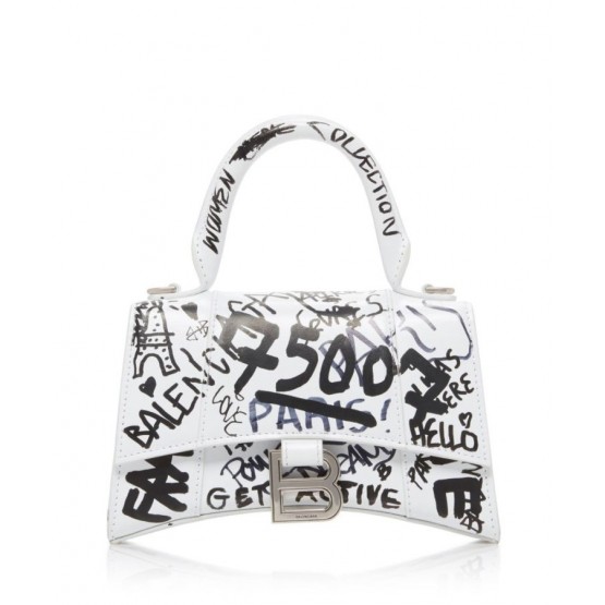 Balenciaga Hourglass Graffiti-Print Leather Mini Handbag 5935461 White