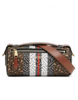 Burberry The Monogram Stripe E-canvas and Leather Barrel Bag Coffee