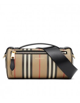 Burberry The Icon Stripe E-canvas and Leather Barrel Bag Apricot