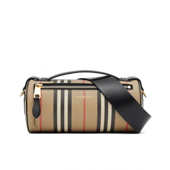 Burberry The Icon Stripe E-canvas and Leather Barrel Bag Apricot