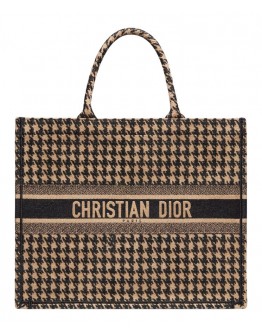 Dior Houndstooth Embroidery Book Tote Handbag Cream