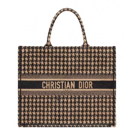Dior Houndstooth Embroidery Book Tote Handbag Cream