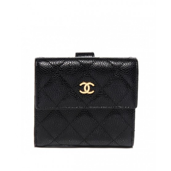 C-C Caviar Quilted Compact Flap Wallet Black