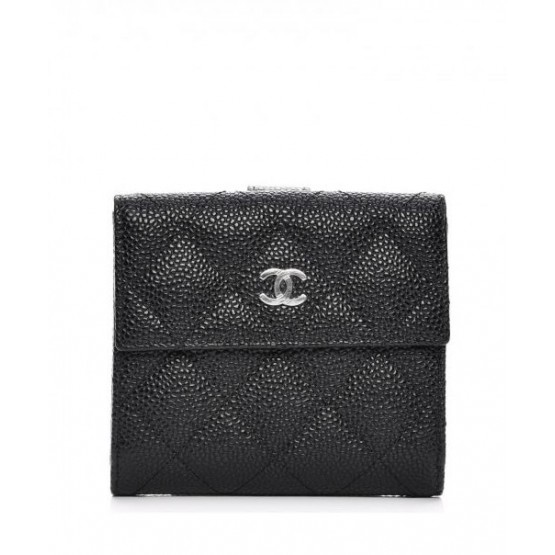 C-C Caviar Quilted Compact Flap Wallet Black
