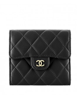 C-C Lambskin Compact Flap Wallet Black