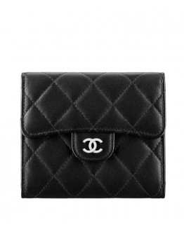 C-C Lambskin Compact Flap Wallet Black