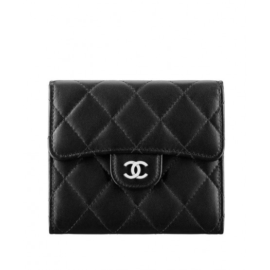 C-C Lambskin Compact Flap Wallet Black