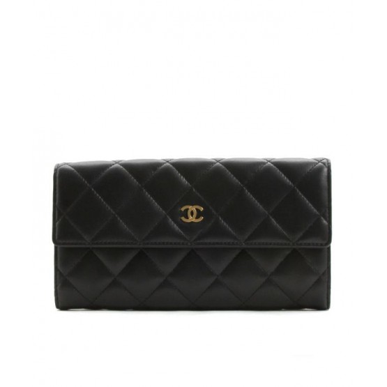 C-C Lambskin Quilted Large Flap Wallet Black