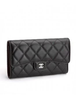 C-C Lambskin Quilted Large Flap Wallet Black