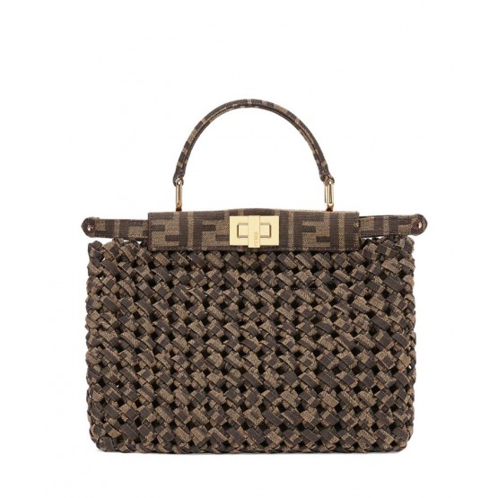 Fendi Peekaboo Iconic Mini Fabric Interlace Bag Coffee