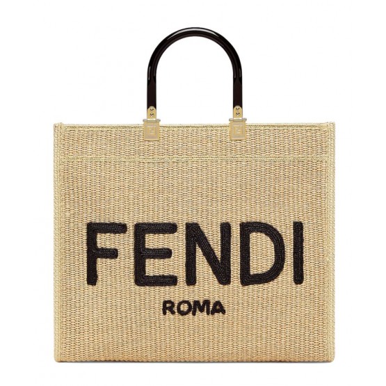 Fendi Medium Embroidered Straw Tote Bag Apricot