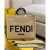 Fendi Medium Embroidered Straw Tote Bag Apricot