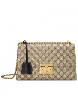 Gucci Medium Padlock GG Supreme Bee Shoulder Bag 409486 Coffee