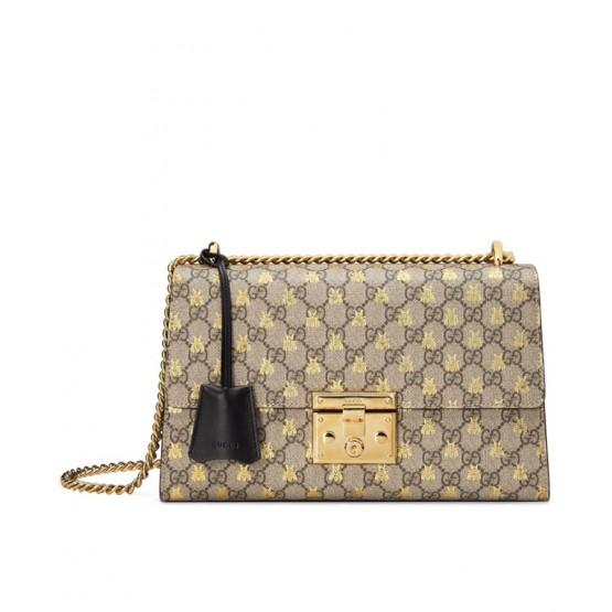 Gucci Medium Padlock GG Supreme Bee Shoulder Bag 409486 Coffee