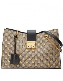 Gucci Padlock GG Supreme Canvas Bees Medium Shoulder Tote Bag 479197 Coffee