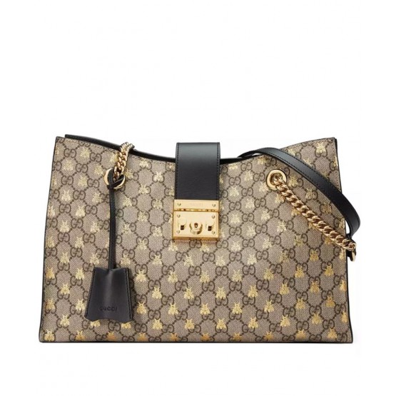 Gucci Padlock GG Supreme Canvas Bees Medium Shoulder Tote Bag 479197 Coffee