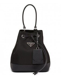 Prada Nylon and Saffiano leather bucket bag 1BE055 Black