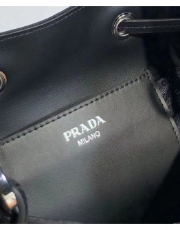 Prada Nylon and Saffiano leather bucket bag 1BE055 Black