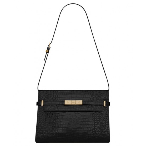 Saint Laurent Manhattan Shoulder Bag In Crocodile-embossed Shiny Leather 579271 Black