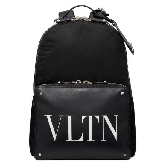 Valentino Garavani Nylon Vltn Backpack With Leather Front Pocket Black