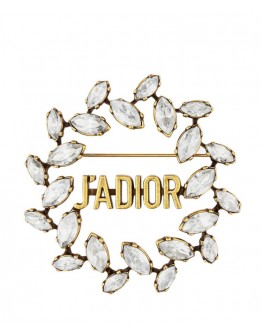 Dior White Crystal J Adior Laurier Antique Gold-Finish Brooch Golden