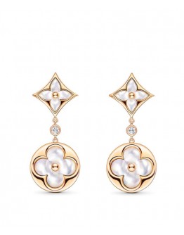 Louis Vuitton Color Blossom Long Earrings Pink Gold White Mother-Of-Pearl And Diamonds Golden