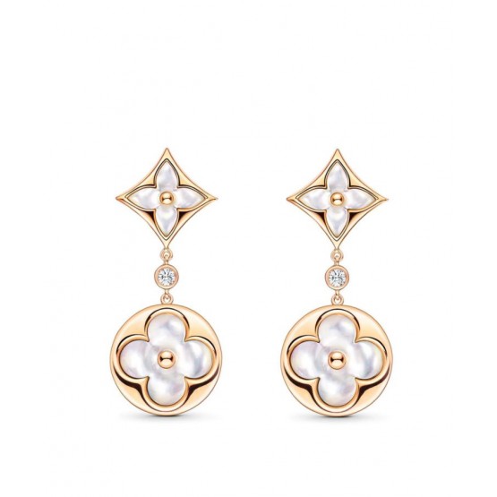 Louis Vuitton Color Blossom Long Earrings Pink Gold White Mother-Of-Pearl And Diamonds Golden