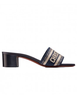 Dior Dway Mule In Embroidered Cotton Dark Blue