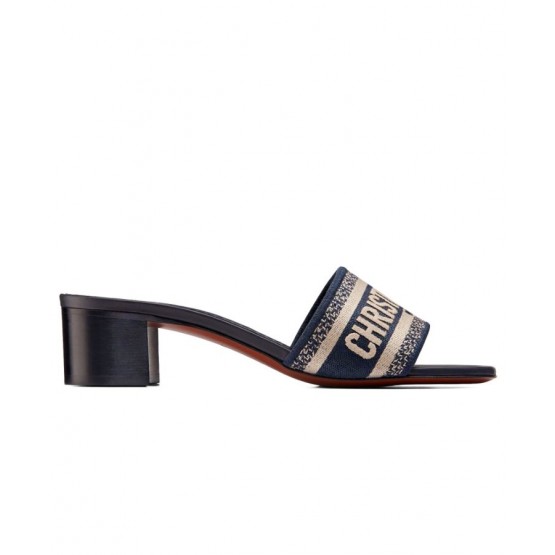 Dior Dway Mule In Embroidered Cotton Dark Blue