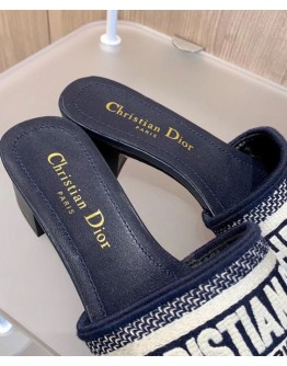 Dior Dway Mule In Embroidered Cotton Dark Blue