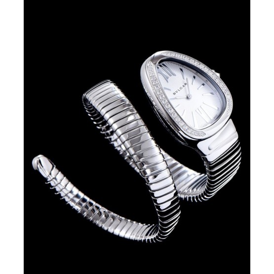 Bvlgari sliver tone stainless steel and diamond watch White